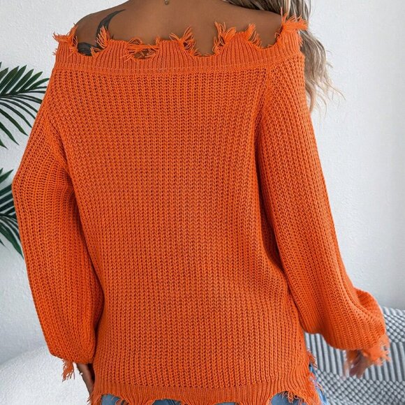 Orange Women's Off Shoulder Sweater Frayed Hem Detail Long Sleeve Pullover - Picture 2 of 8